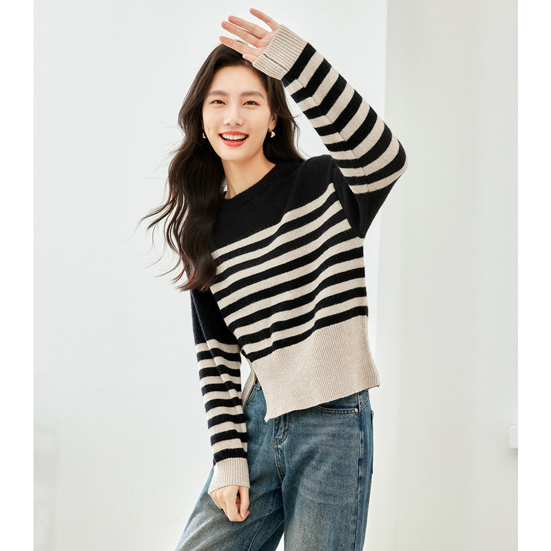 セーター韓国 ニット梵希蔓衝突色縞セーター女性秋冬2023新高級感ファスナー開叉セット丸襟ニットセーター 長袖セーター レディース 秋冬