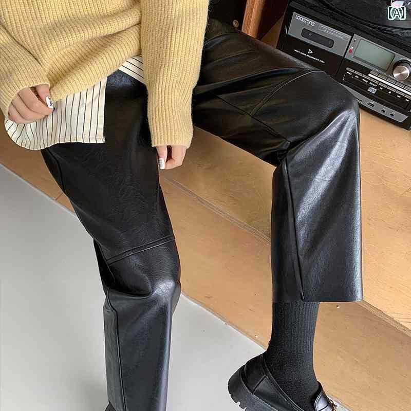 パンツ レディース 黒 PU レザーパンツ 秋冬 ハイウエスト ストレート スーツ 子供 九分丈 カジュアル