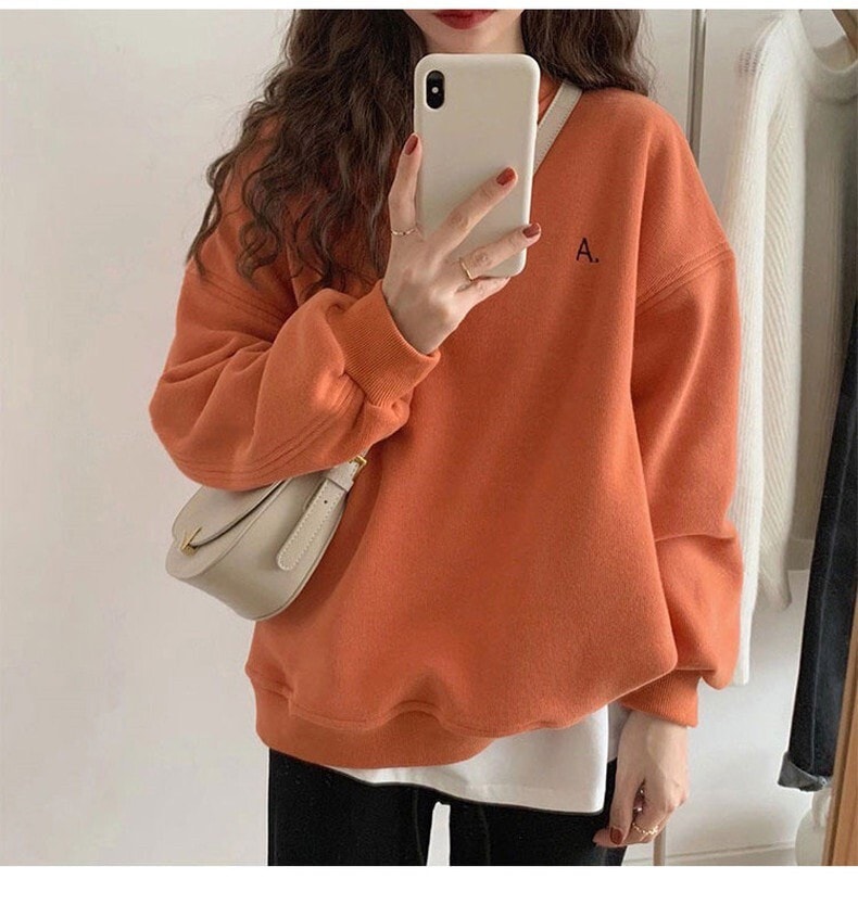トップス セーター トレーナー 袖あり 長袖 ストレート かっこいい レトロ ラフ ボーイッシュ スポーティー ルーズ 個性的 オレンジ ピンク ブルー S M L XL こなれ感 クール