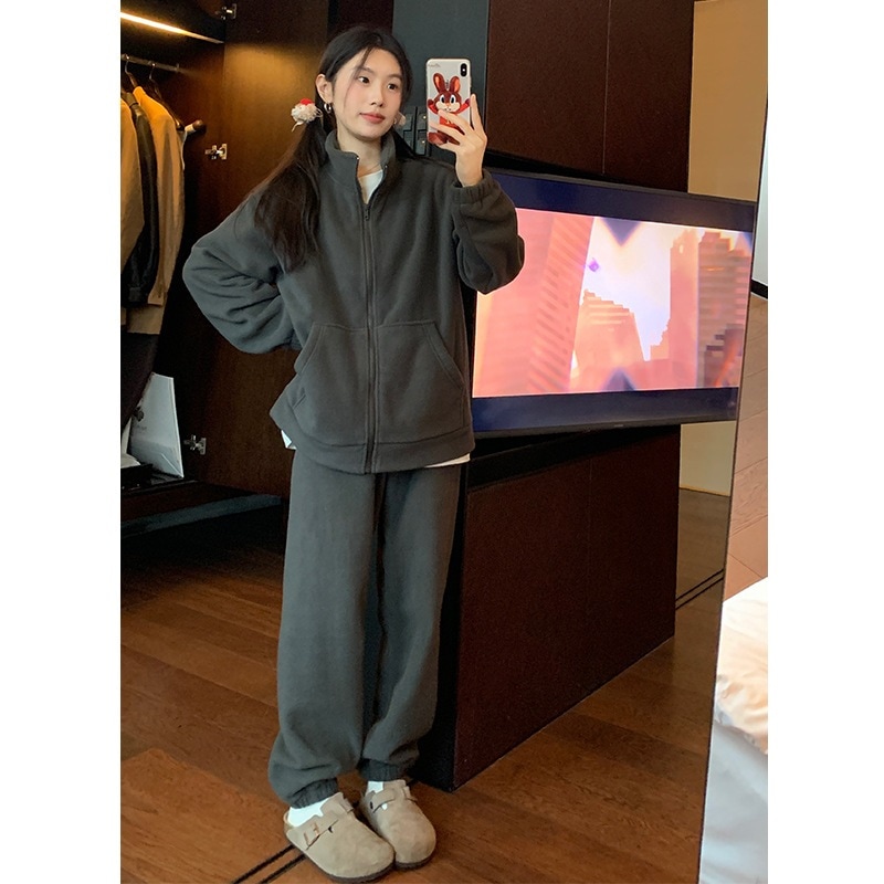 Nantao 両面ポーラーフリースウォームセット女性用秋韓国スタイルカジュアルルーズ厚いスウェットシャツとズボンの 2 点セット