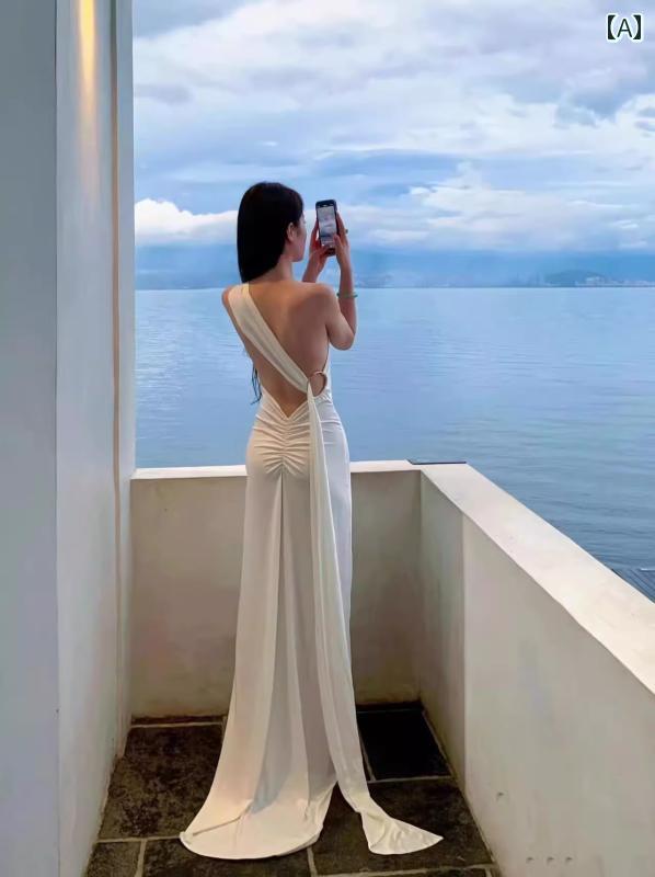 ワンピース リゾート ビーチ 白い ロング ドレス 魅惑的 背中開き ホリデー フェアリー エレガント シンプル セクシー バックレス ワンショルダー レディース