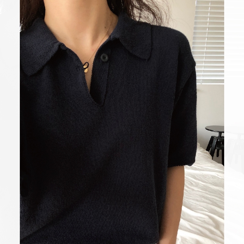 ポロシャツ ポロ襟 トップス プルオーバー 袖あり 半袖 5分袖 五分袖 Vネック 襟付き ニット 快適 着心地 アイスシルク かわいい 大人可愛い きれいめ シンプル カジュアル 大人 上品