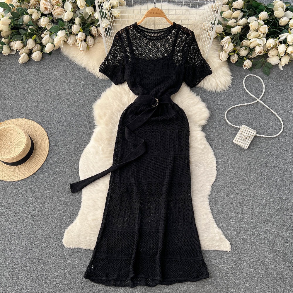 ワンピース ドレス 半袖 ロング丈 キャミソールインナー付き レース ウエストリボン かわいい 大人可愛い きれいめ シンプル カジュアル 大人 上品 おしゃれ お洒落 レトロ 大人女子 こなれ感