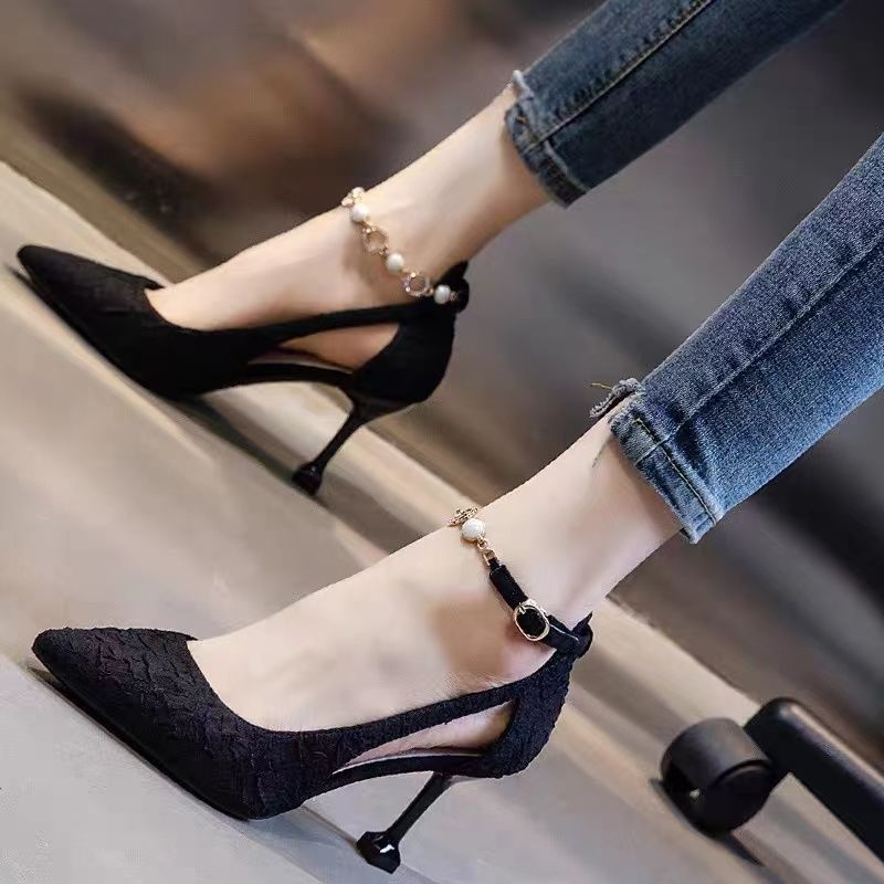 ヒールパンプス夏の真甘皮ハイヒール女尖頭中ヒールワーキングシングルシューズ2024夏文字細ヒールサンダル