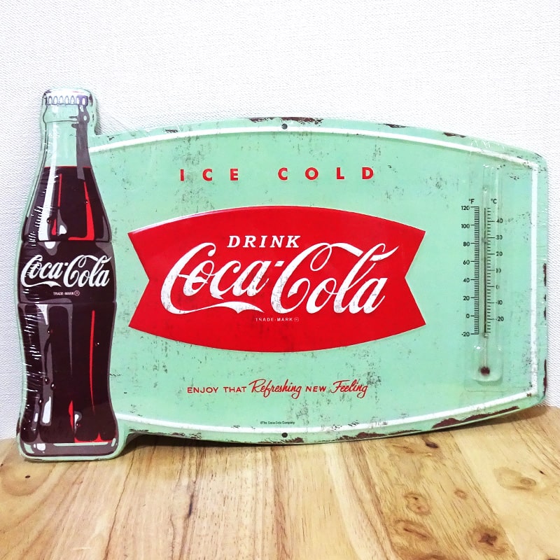 ブリキ看板 コカコーラ 温度計 エンボスメタルサイン COCA-COLA ICE COLD 正規品 サーモメーター アメリカン ロゴ お店 バー アンティーク 壁掛け プレート おしゃれ 壁飾り