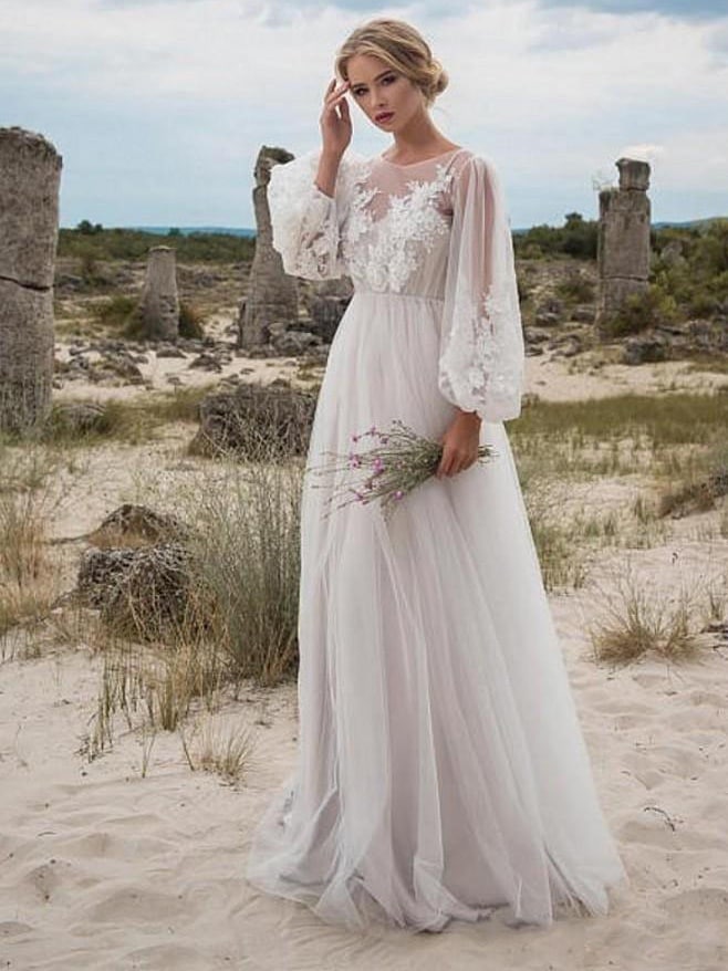 ランタンスリーブ刺繍ホワイトウェディングドレス