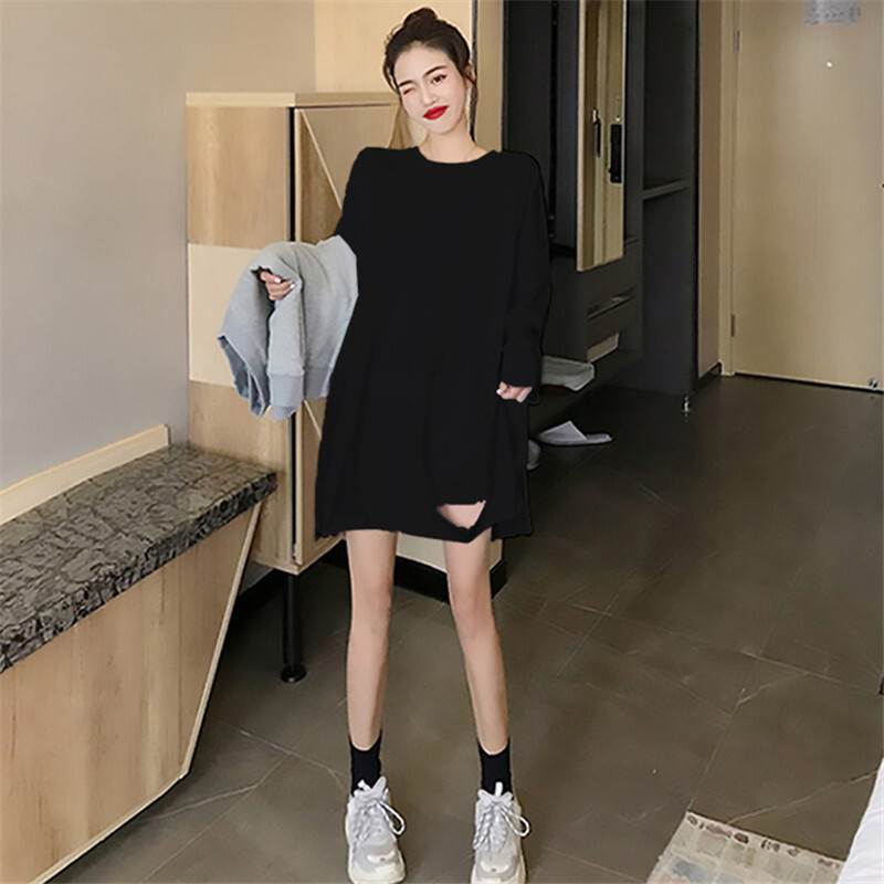 ダメージ加工 ロング Tシャツ トップス チュニック ビッグT Tシャツワンピ ロンT ロング丈 袖あり 長袖 ドロップショルダー クルーネック 襟なし Aライン かわいい シンプル カジュアル かっ 5,244円