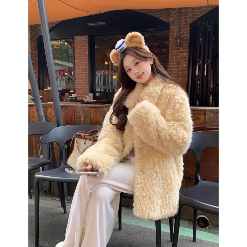 毛皮統合されたラムファー 2024 冬の新しい女性の韓国スタイルのラペル厚く暖かい毛皮のコートファー・毛皮アウター