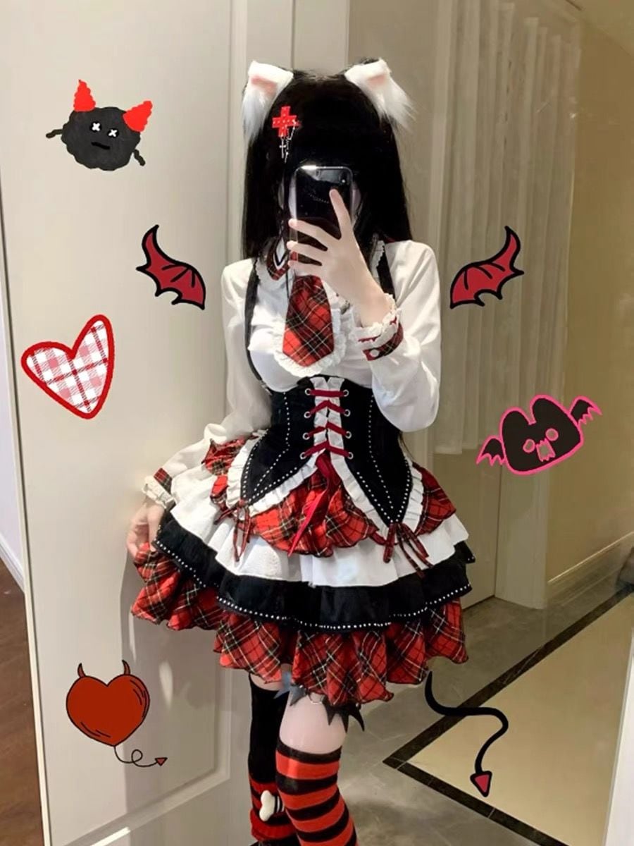 ハロウィーンlolitaかわいい少女レトロ感ウエストベスト馬甲長袖シャツ高腰蓬スカートセットハロウィーン化粧舞踏会演出服