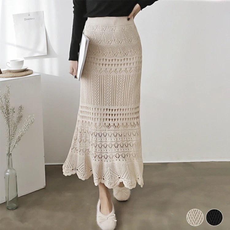 スカート レディース ロング ロングスカート クロシェ 編み シースルー かぎ編み ウエストゴム