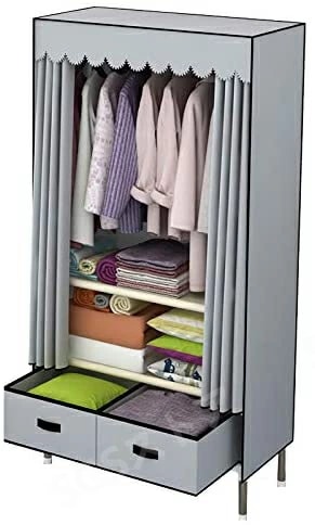 ワードローブ カバー付き 組立式 クローゼット ハンガーラック 幅82×奥行45×高さ168cm 収納棚 衣類収納ラック 引き出し付き 防水 防塵 防汚 カーキ色