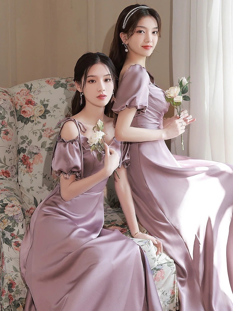 かわいいレディースワンピースドレス結婚式 お呼ばれパーティードレス紫ロングドレスlxc12