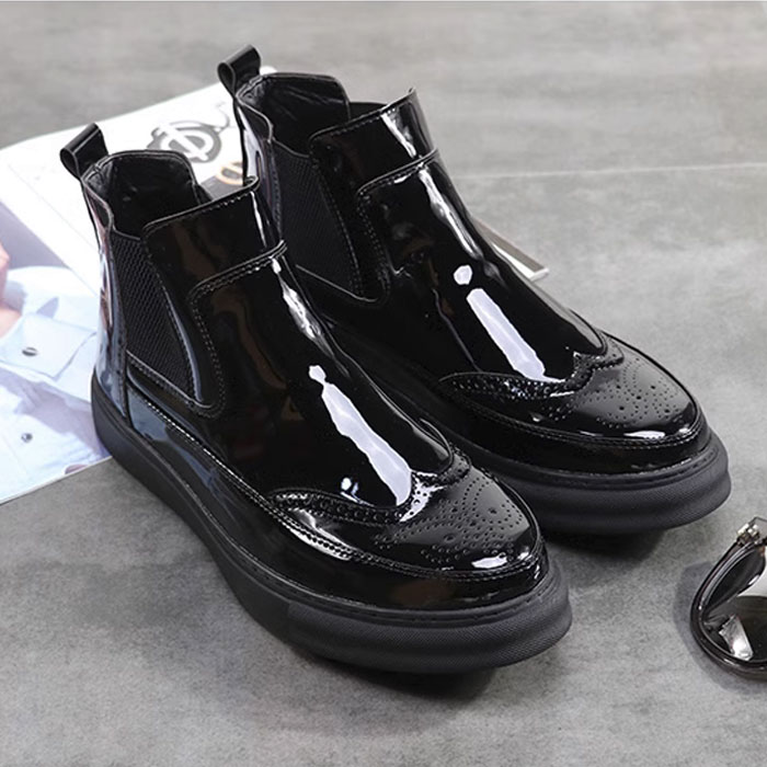 スニーカー ハイカット メンズ エナメル サイドドア クラシック レースアップ ダンス 派手 シークレット ヒールアップ 4.5cm 身長アップ