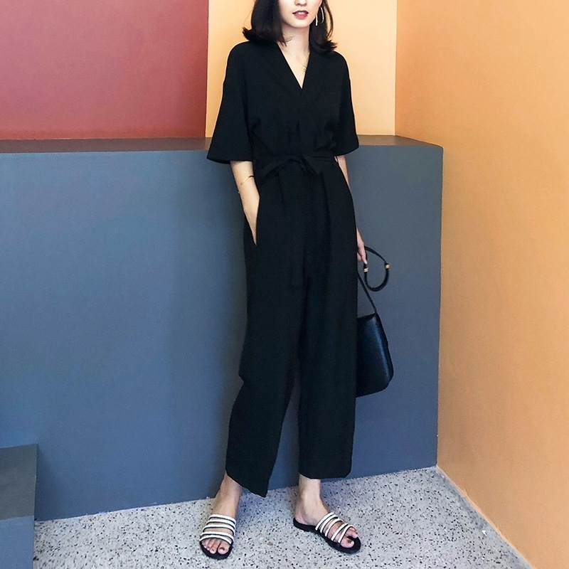 オールインワン オーバーオール パンツ Vネック 9分丈 五分丈袖 襟なし ストレート ウエストマーク ウエストリボン ポケット ハイウエスト 前開き 大人可愛い おしゃれ お洒落 かっこいい