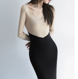 ワンピース タイトワンピース ミディアム丈 長袖 スクエアネック スリム 配色 視線 タイト パッチワーク 女性らしい ウエスト絞り 女性 細身 フレンチスタイル すっきり すっきりライン 大人可愛い