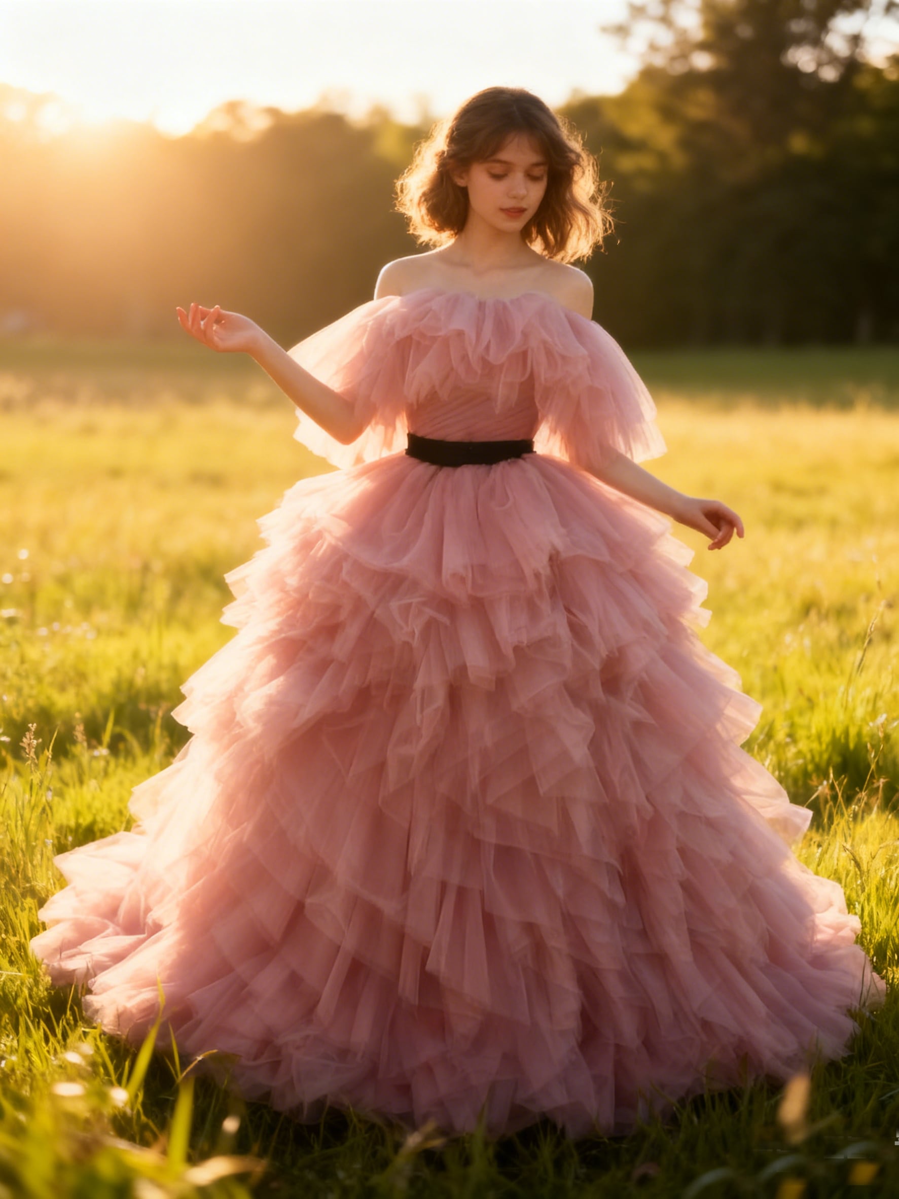 カラードレス ピンク 取り外し可能なオフショルダー サッシュベルト 柔らかく重ねたチュールスカート プリンセスライン 結婚式