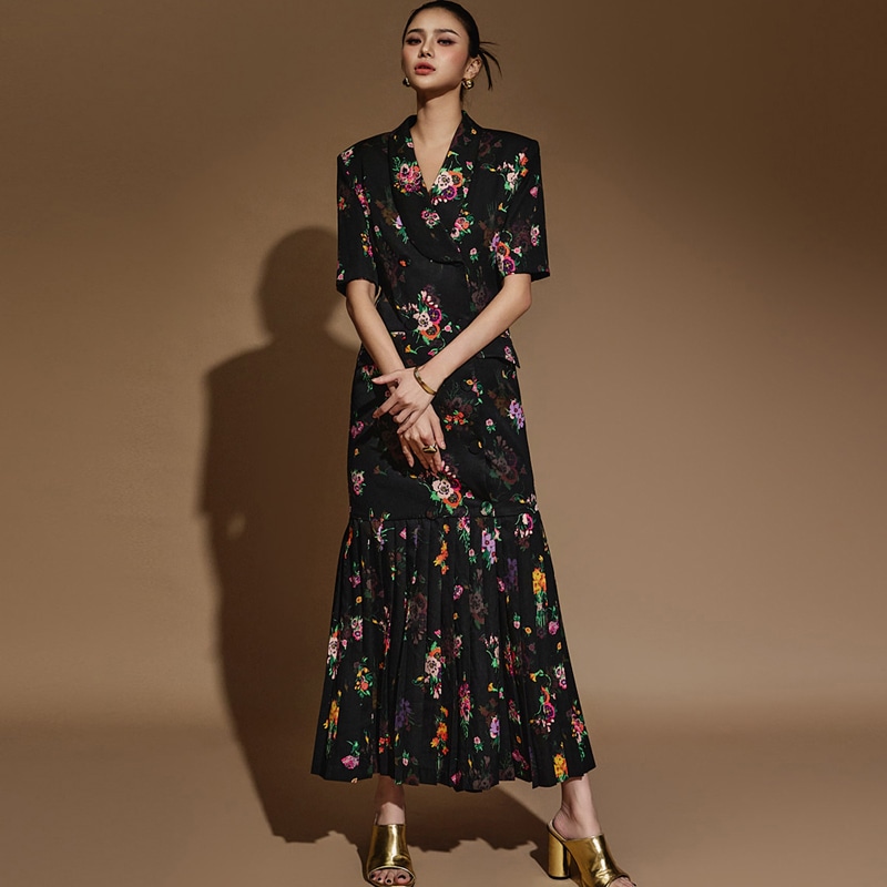 D9503 フラワー プリーツ ワンピース