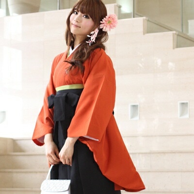 レンタル卒業式 袴 レンタル 女 安い 袴セット 卒業式袴セット2尺袖着物＆袴フルセットレンタル 先生 教員オレンジの色無地