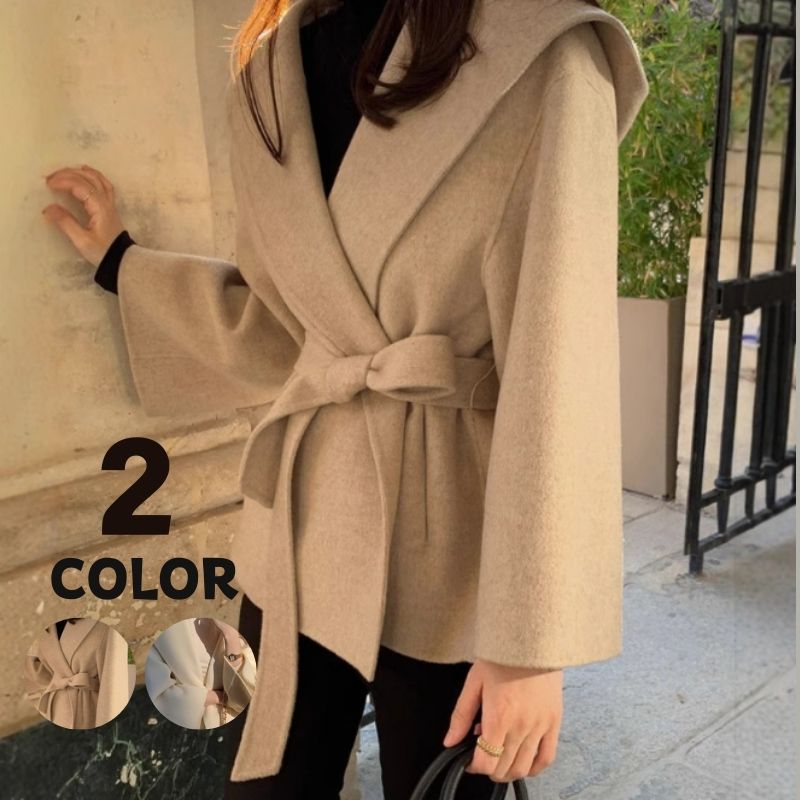 韓国ファッション レディース アウターフーデッドストラップウエストタイショートツイードジャケット