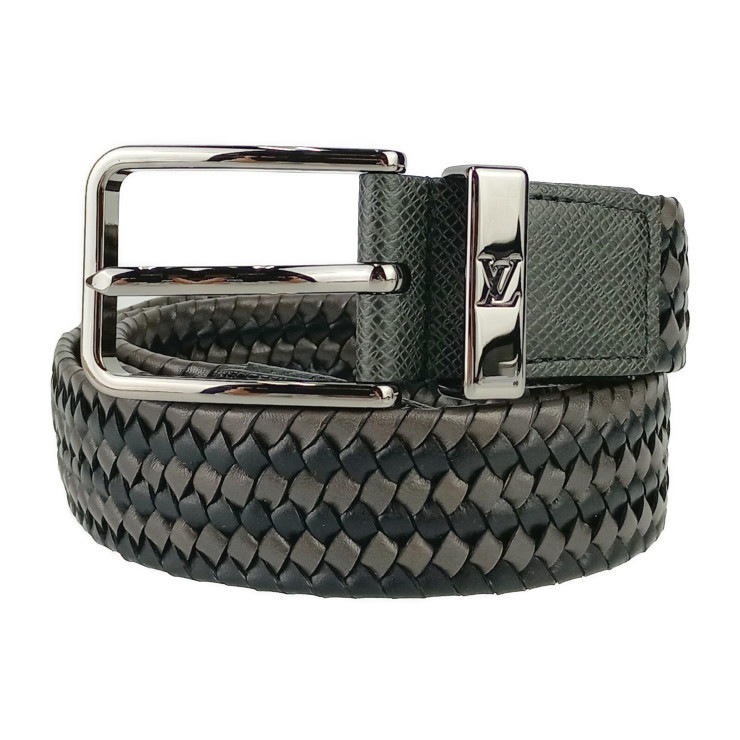 超美品 LOUIS VUITTON ルイ ヴィトン ベルト サンチュール・ポンヌフ ブレイデッド 35MM M0377 ブラック系 グレー系 シルバー金具 メンズ 編み込み【本物保証】