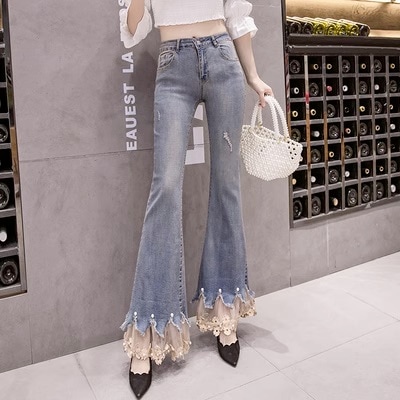 ボトムス パンツ デニムパンツ ロング ロング丈 フレア セミフレア レース 切り替えデザイン ドッキング ハイウエスト 薄手 異素材MIX かわいい 大人可愛い おしゃれ お洒落 レトロ ラブリー
