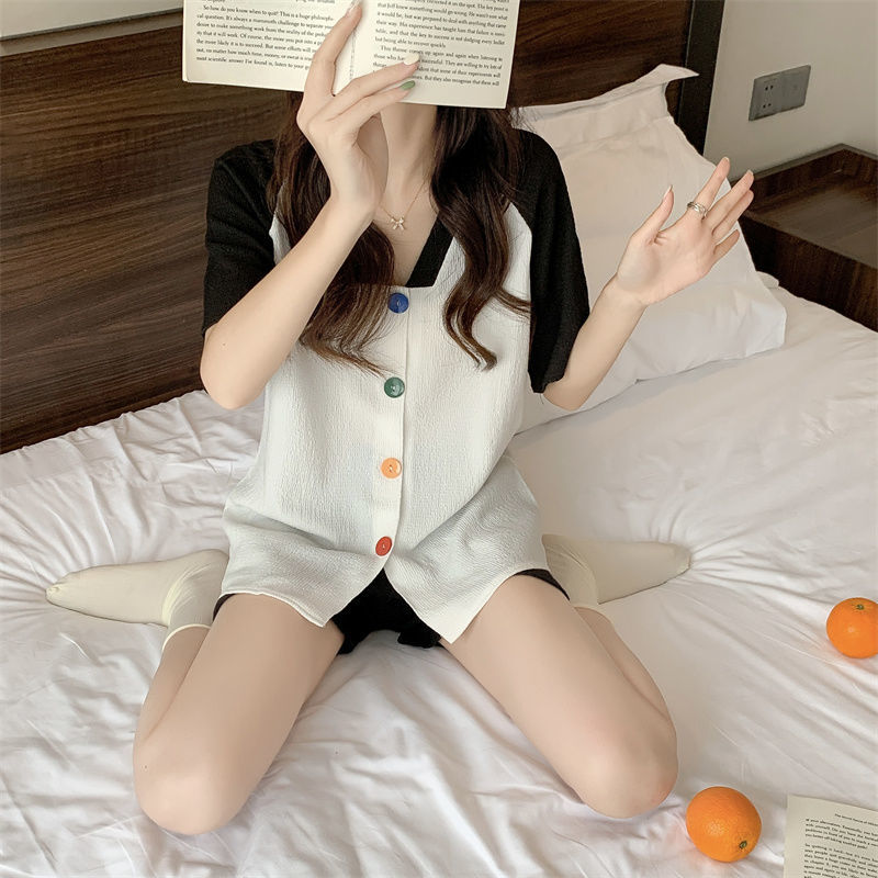 パジャマ ウェア夏の半袖カラーボタンでゆったり甘い部屋着外着バブルしわパンツスーツレディース 韓国ファッション