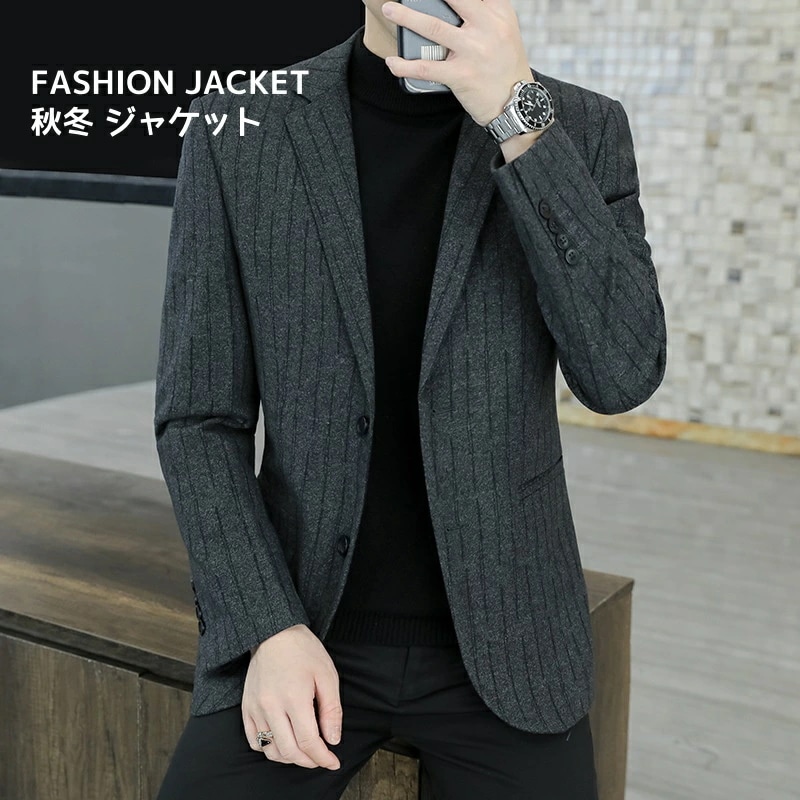 希少アイテムストライブ メンズジャケット エレガント 秋冬 厚み ライン柄 高級感 カジュアル 着痩せ メンズスーツ 単品 ノーアイロン 上着 通勤 ビジネス お出かけ 韓国風 韓国風 二つボタン ３ 5,026円
