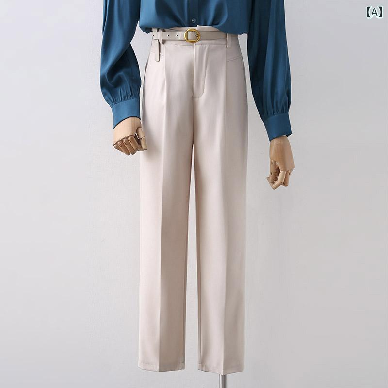 レディース ロングパンツ 九分丈 クロップド アンクル丈 長ズボン ボトムス ハイウエスト 春秋 黒 アプリコット ベルト付き ストレート エレガント シンプル スラックス モダン スタイリッシュ