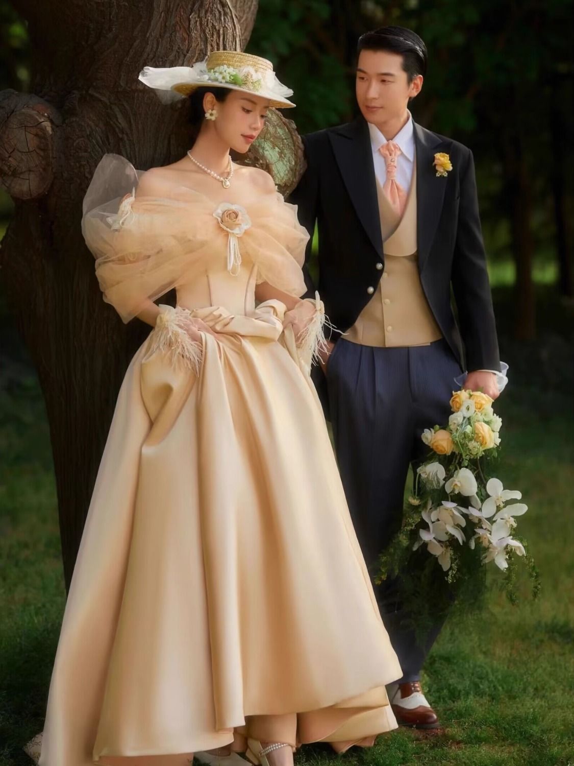 【2枚購入で 3oo円OFF！】片方の肩のウェディングドレス写真スタジオ写真テーマテーマ衣料外のレトロサテンテール