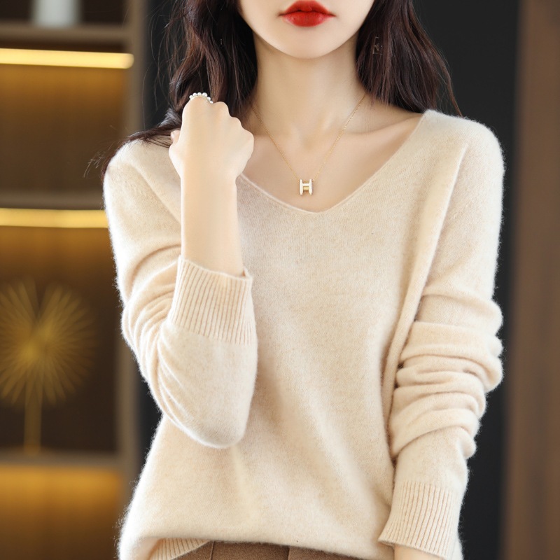 人気商品～シームレス100%ピュアウールセーター（レディース）Vネックプルオーバー秋冬ルーズニットベースレイヤー