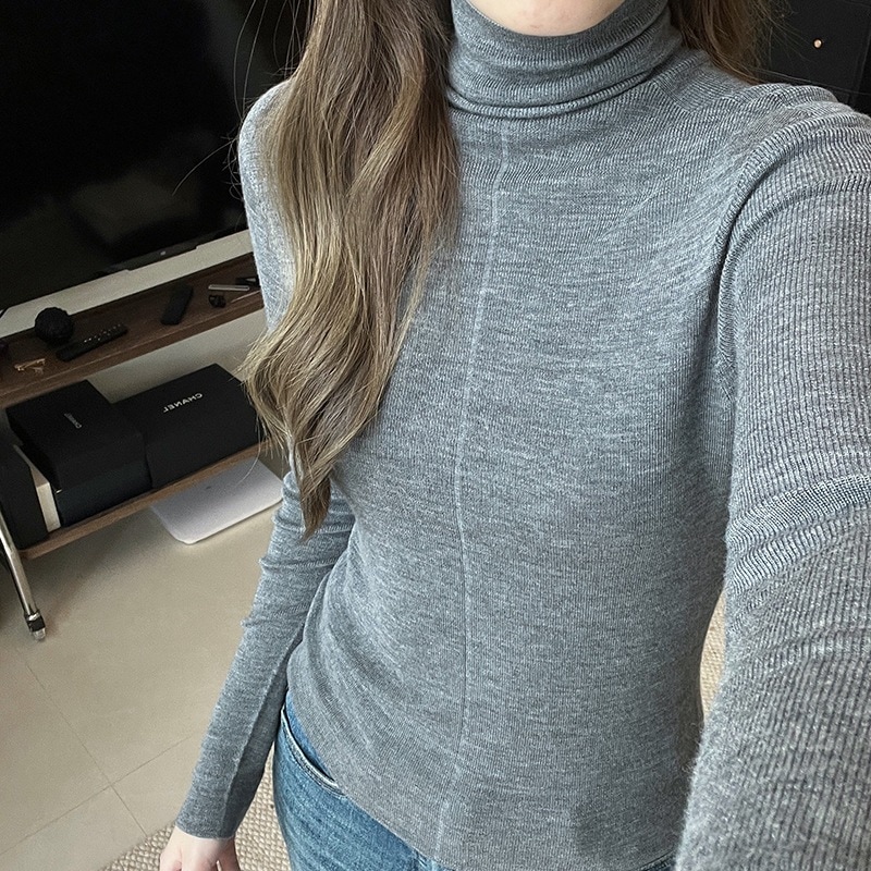 タートルネックのストライプ柄ベースレイヤートップ韓国風伸縮性のあるニット100%ウールニットセーター（レディース）秋冬タートルネックセータートップ