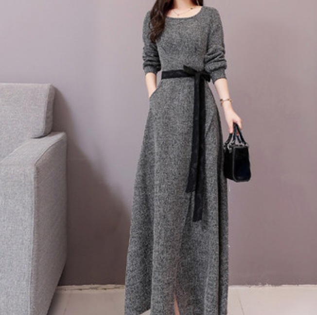 ワンピース ロング ロング丈 袖あり かわいい 大人可愛い きれいめ シンプル カジュアル 大人 ラウンドネック 長袖 ウエストマーク リボン オフィス 通勤 ミモレ丈 エレガント ママ モテ 韓国