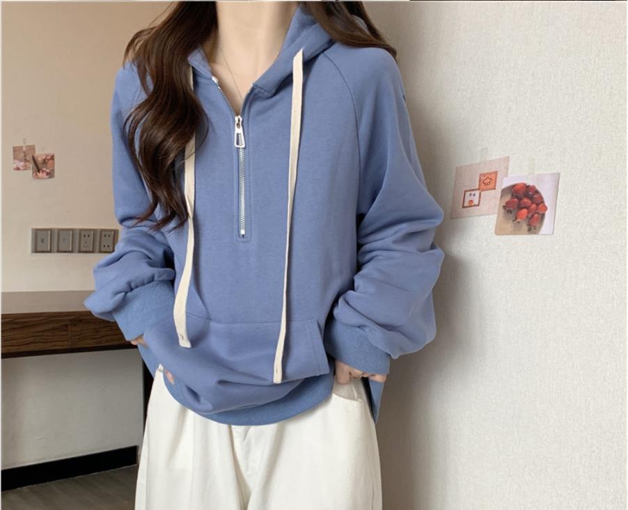 春と秋の薄手のハーフファスナーフード付き衛衣女