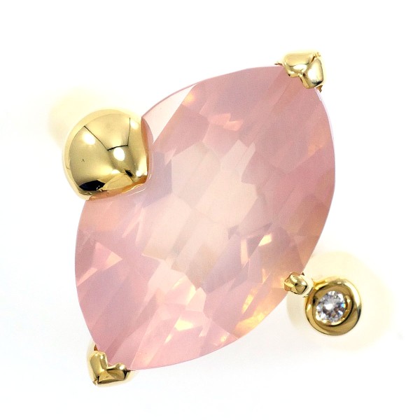 K18 18金 YG リング 14号 ローズクォーツ 6.82 ダイヤ 0.03 カード鑑別書 中古