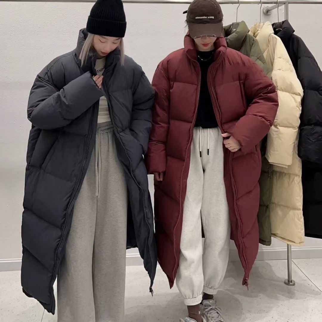 超ロング膝丈2023大判キルト 厚手 暖かい ゆったり おしゃれ スタンドカラー ストレート ホワイトダックダウンジャケット