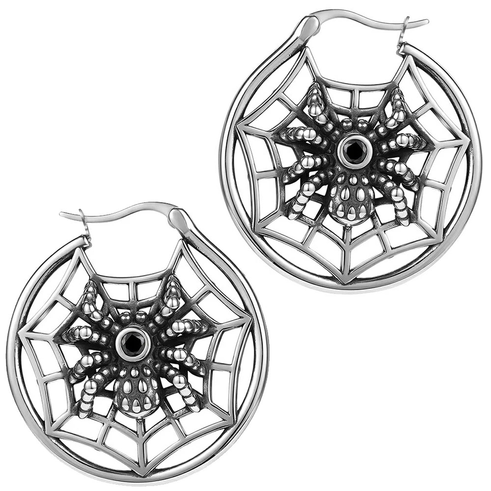 ブラックスパイダーステンレスフープピアス 1ペア販売 両耳 クモの巣 蜘蛛 リングピアス スナップ 黒色 ストーン キラキラ 男性 女性 プレゼント 装着簡単 ワンタッチ se873xxxxxxxx