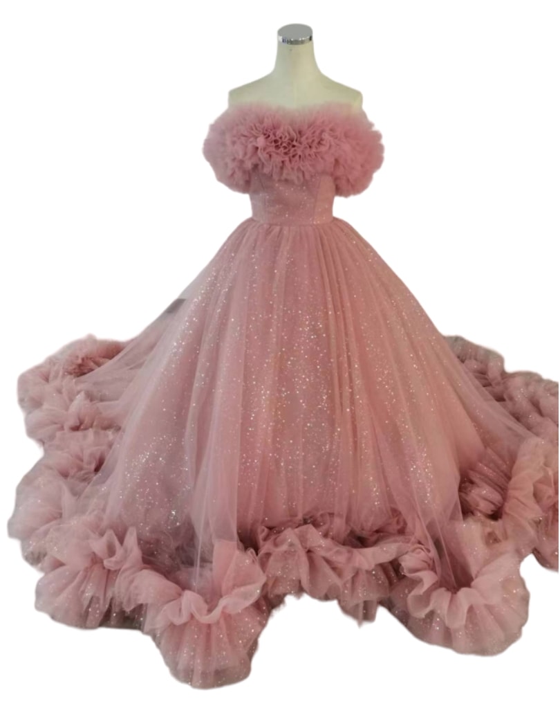 フリルドレス カラードレス ピンク キラキラグリッターチュール オフショルダー 花嫁/前撮り 34,444円