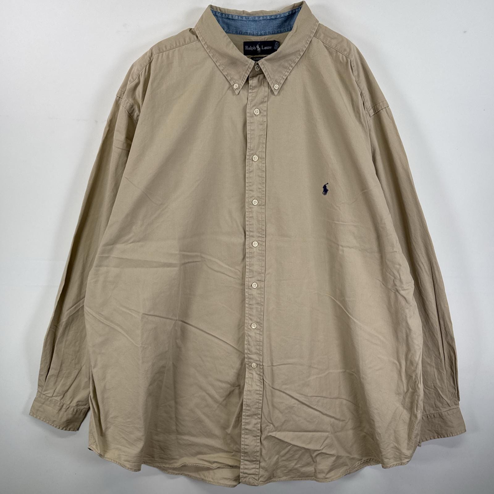 古着 長袖シャツ ボタンダウンシャツ 大きいサイズ ビッグサイズ ワンポイント 4XLT ベージュ 無地 メンズ