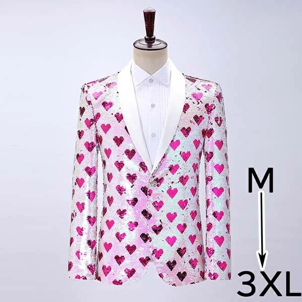 ジャケット メンズ ステージ衣装 演出服 発表会 司会者 スパンコール ピンク ハート 総柄 キラキラ カラオケ大会 カラオケ 大会 衣装 大人 演奏会 男性 アイドル 貴族服 舞台 演劇 オペラ 声