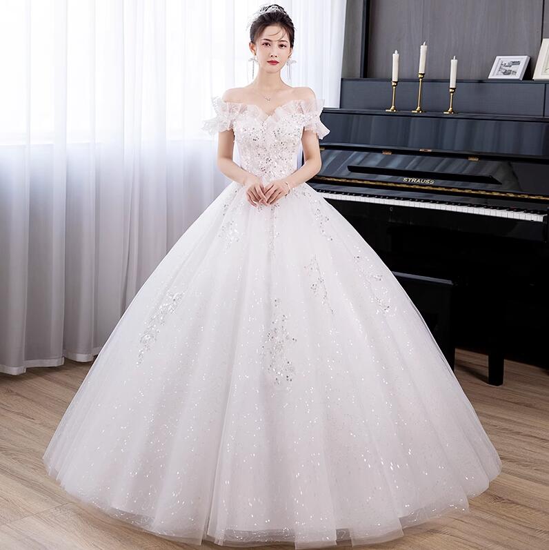 ロング ウェディングドレス フリルオフショルダー マキシ丈 ウエディング フォマールドレス Aライン ボリューム 結婚式 披露宴 前撮り 二次会 胸式 ウェディングドレス 花嫁 ドレス スパンコール