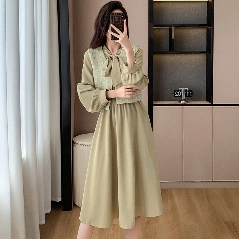 ハイエンドのカスタマイズ-抹茶グリーンスーツスカート女性のための 2024 春と秋の新しいウールのベストとお腹カバー痩身ドレス 2 点セット