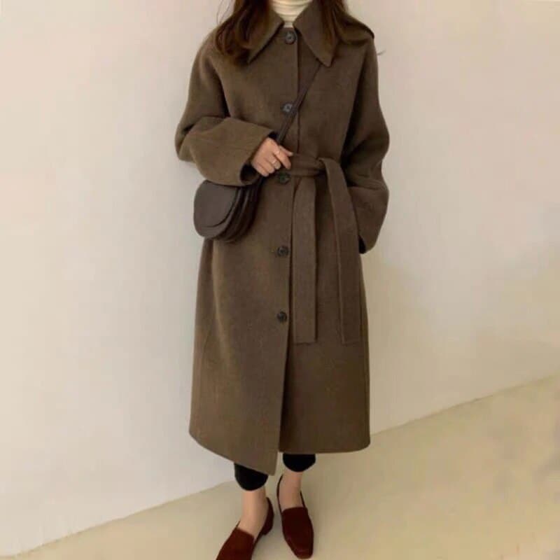 レディース ステンカラーコート 美シルエット ミモレ丈 ラージカラー ウールタッチ ボタン ベルト付き ウエストマーク ルーズシルエット 韓国 インスタ映え 高見え 可愛い かわいい lout0562