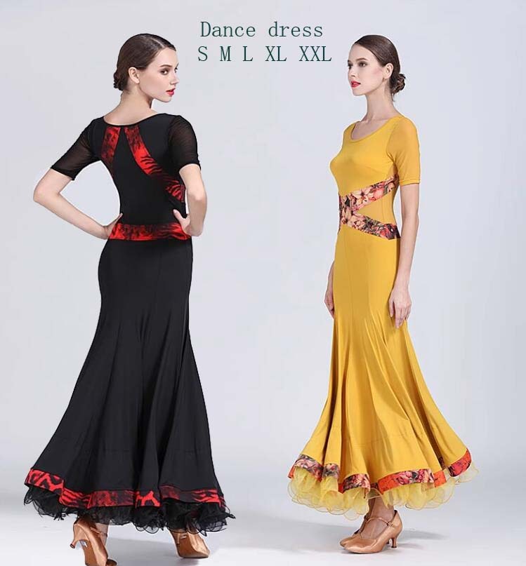 社交ダンス 衣装 モダンドレス 舞台ダンスウェア タンゴ衣装 ワルツ衣装 モダン衣装 競技用 演出服 練習着 演出用 舞台 舞台演出ロングドレス 細身 ブラック イエロー S M L XL XXL