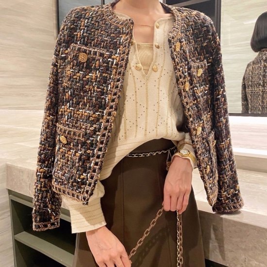 【取寄：納期2週間】ツイードジャケット レディース 韓国 ファッション ノーカラ―ジャケット ミックスカラー 金ボタン おしゃれ シック お呼ばれ 大人 きれいめコーデ ジャケット チェック柄 6,283円