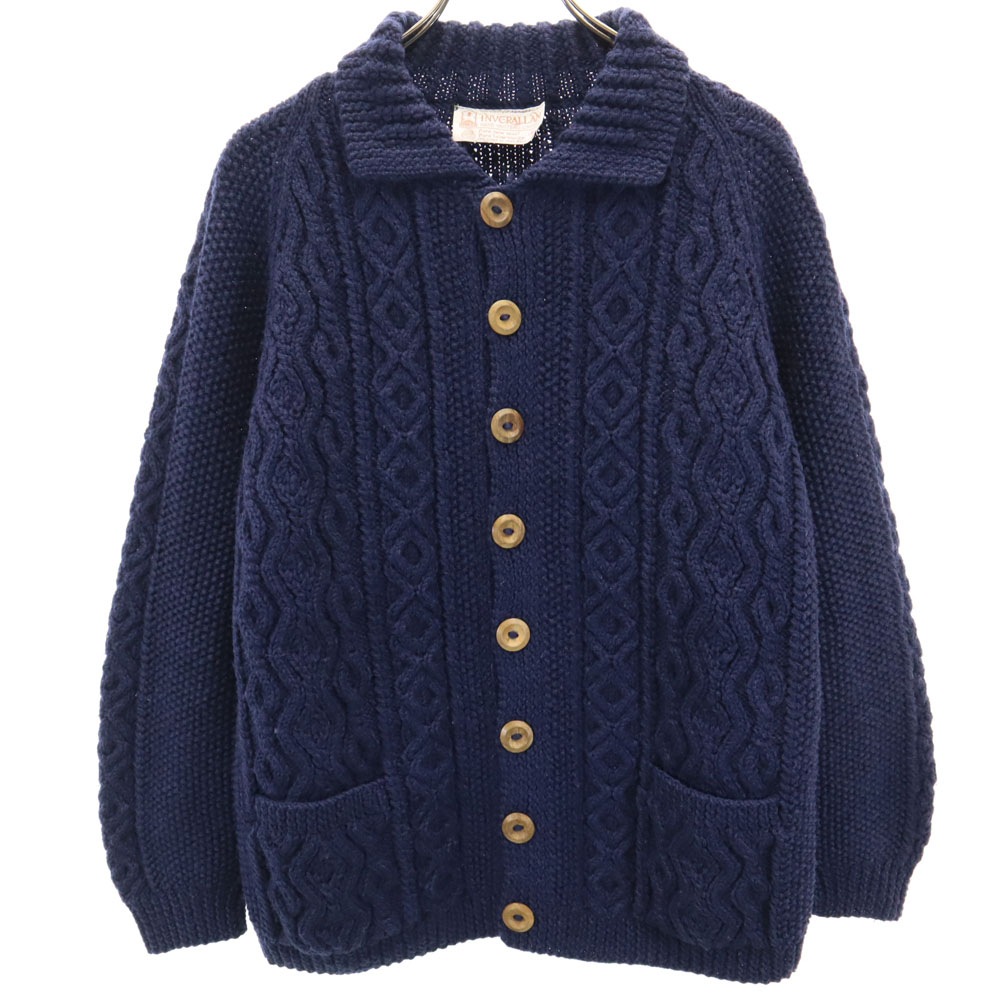 スコットランド製 長袖 アラン編み ニットカーディガン ネイビー メンズ