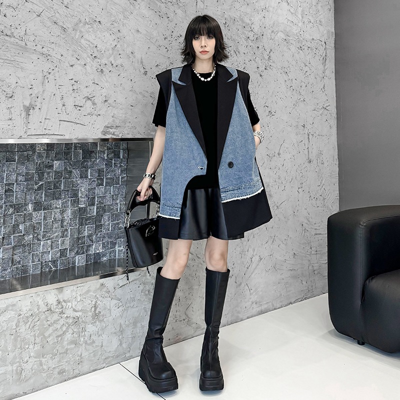 【J.Fashion】 2025秋 デニムベスト スーツベスト ドッキング おしゃれ レディース アウター 関連商品購入可能 メガ割