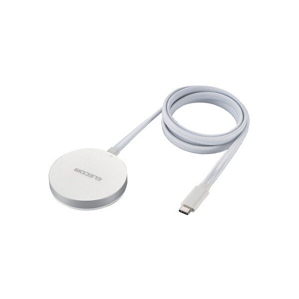 W-MA05SV ワイヤレス充電器 Qi 認証 Qi2 対応 15W / 7.5W / 5W マグネット式 卓上 ケーブル一体 平型メッシュケーブル 1m 置くだけ充電器 シルバー メーカー直送