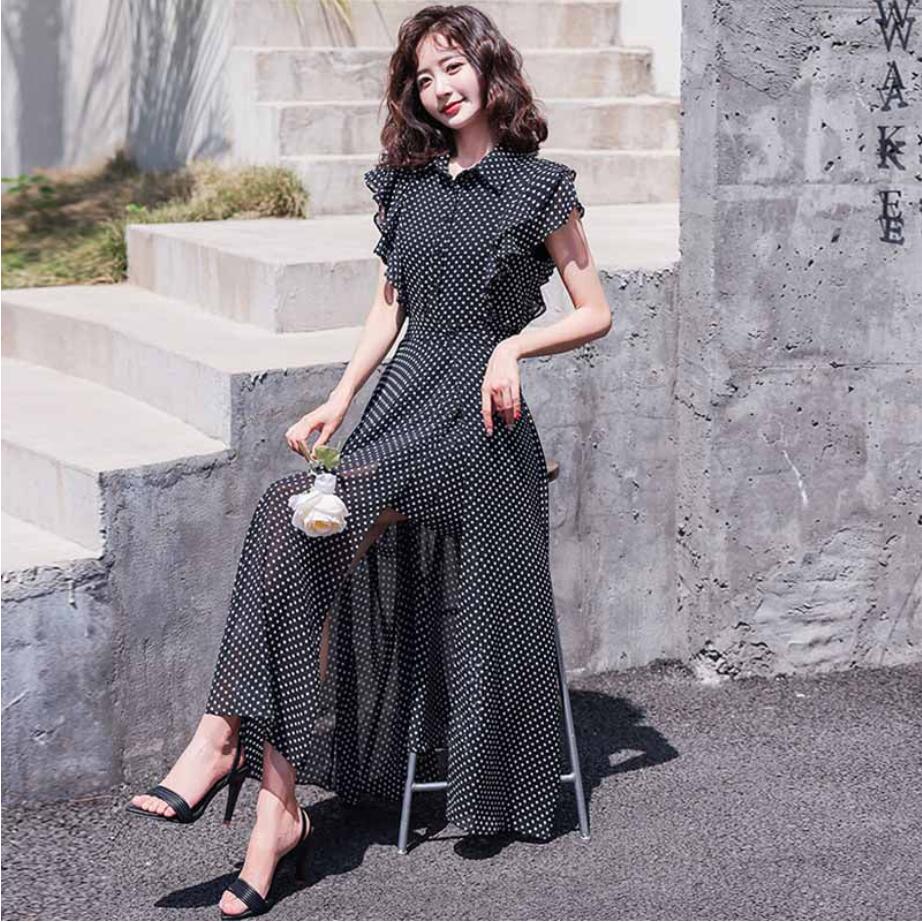 フリル袖トップ×ラップスカート(3DESIGNS) 上品 水玉模様 シフォン 2点セット ロングスカート 半袖 ドット レオパード 花柄