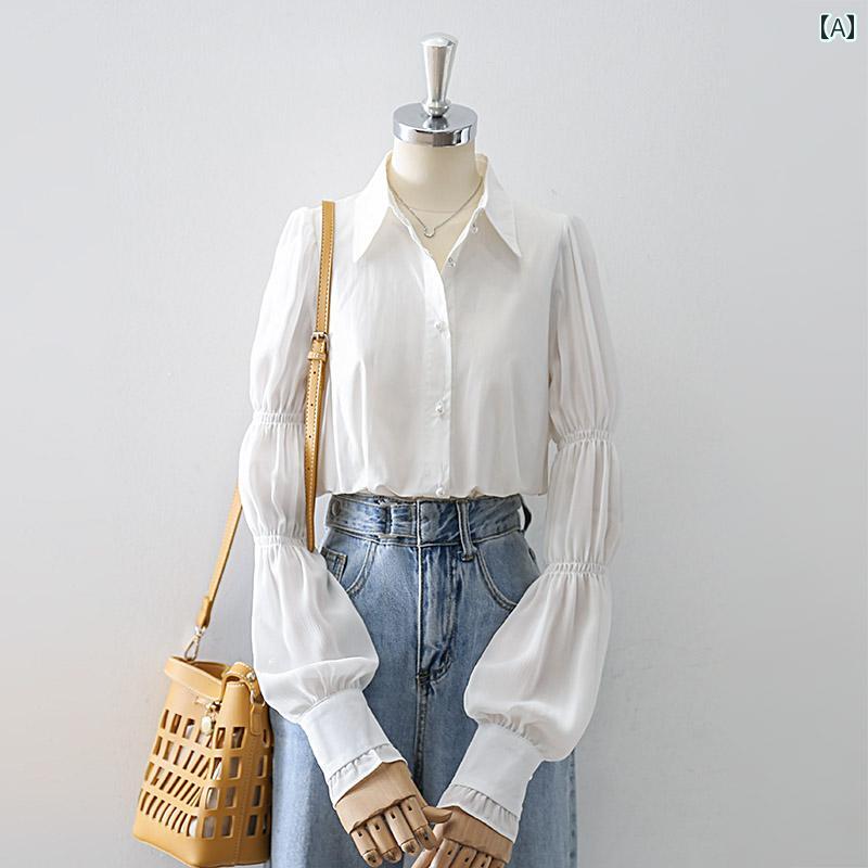レディース シャツ ブラウス 長袖 春夏秋 白 プリーツ ランタンスリーブ シャツ襟 シック 前あき 袖口フリル パールボタン装飾 エレガント トップス トレンディ おしゃれ