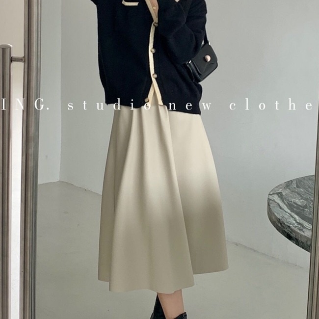 スカート ボトムス 春 夏 秋 冬 きれいめ かわいい レディース フレアスカート 膝下 ロング丈 アンクル丈 7分丈 ミディアム丈 ミドル丈 レギュラー丈 無地 ウエスト ゴム ハイウエスト 黒 ブ